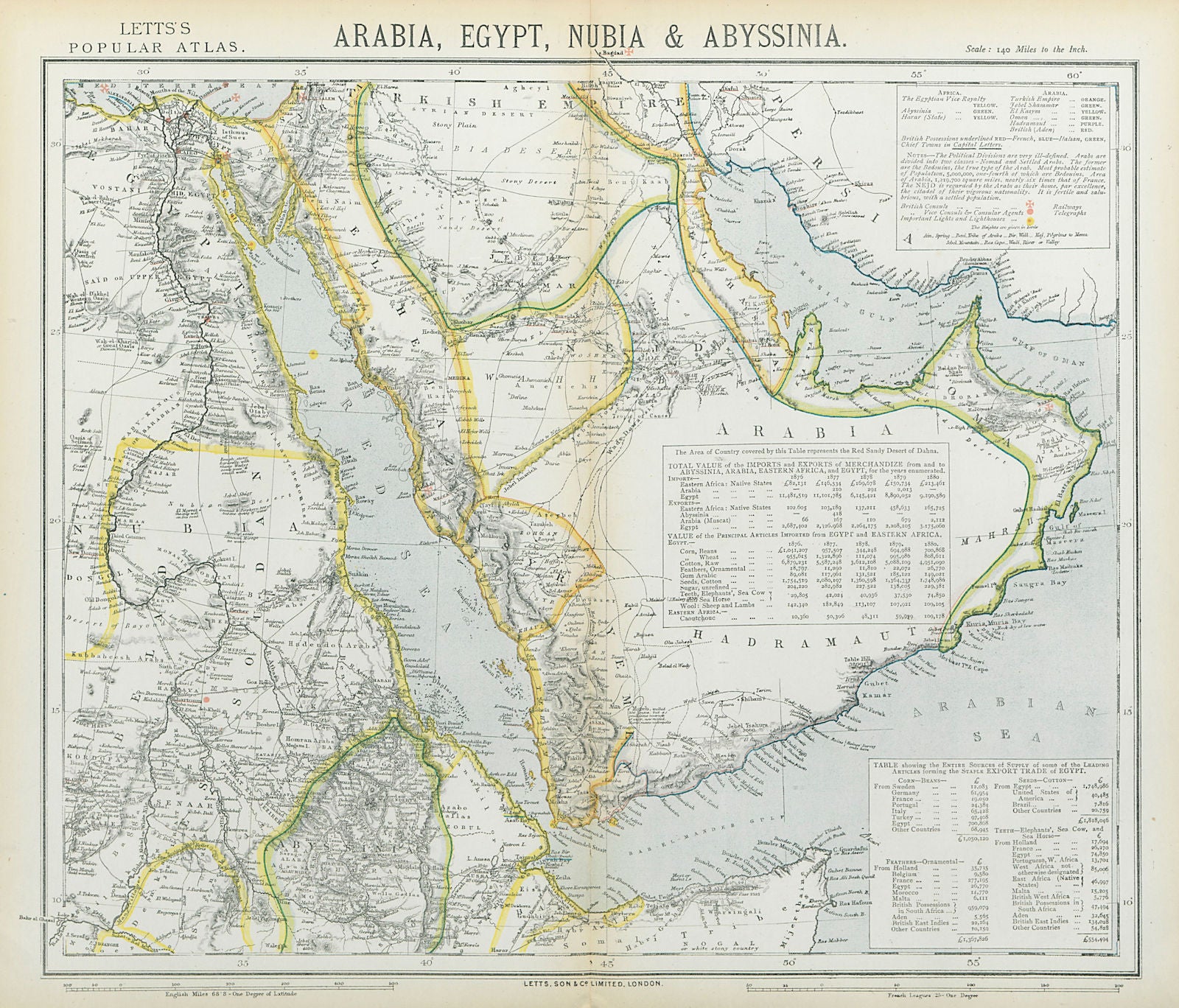 ARABIA Deba/Dubai Abothubi/Abu Dhabi Katar/Qatar Grane/Kuwait. LETTS 1883 map